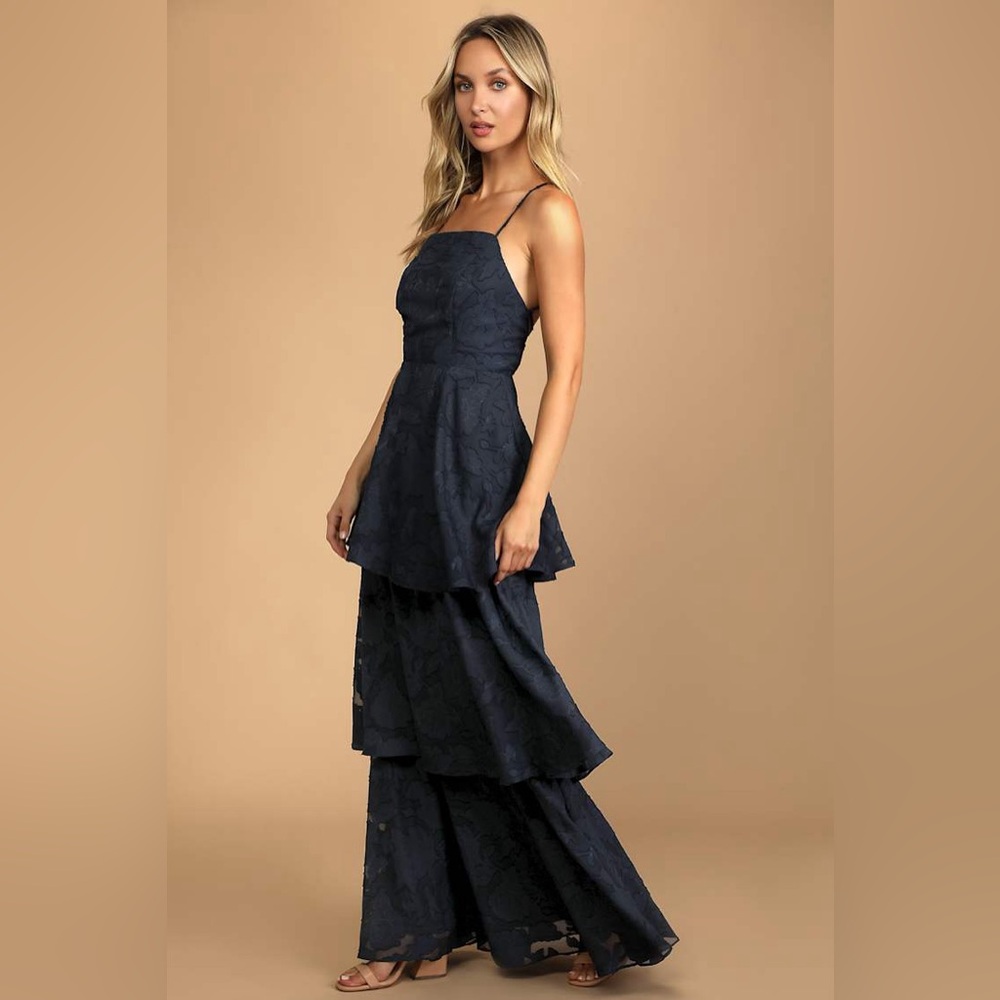 Lulu's Loving Celebration Navy Floral Lace-Up Tiered Maxi Dress Size XL - Picture 11 of 13